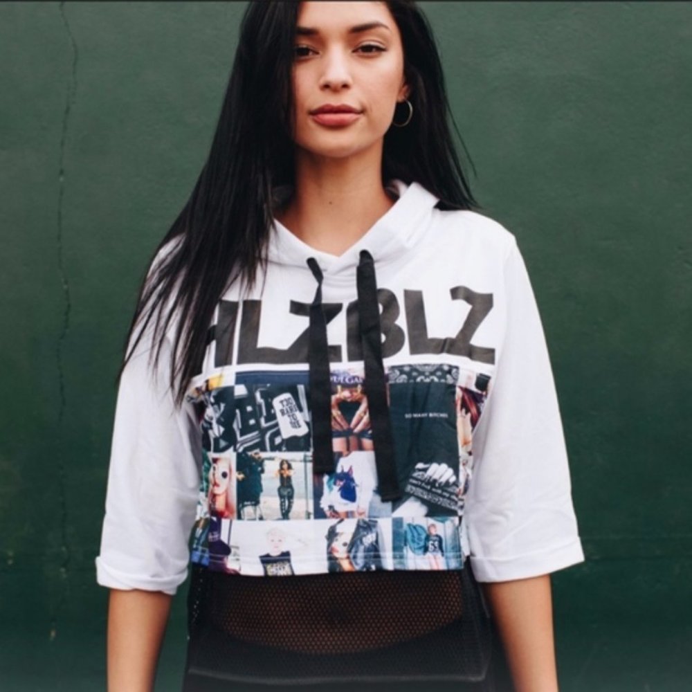 HLZBLZ White Instafame Crop 90s Y2K Grunge Sweatshirt Hoodie S